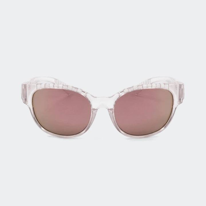 Front view of Adidas transparent sunglasses featuring thick frames with subtle ridged details and reflective pink mirrored