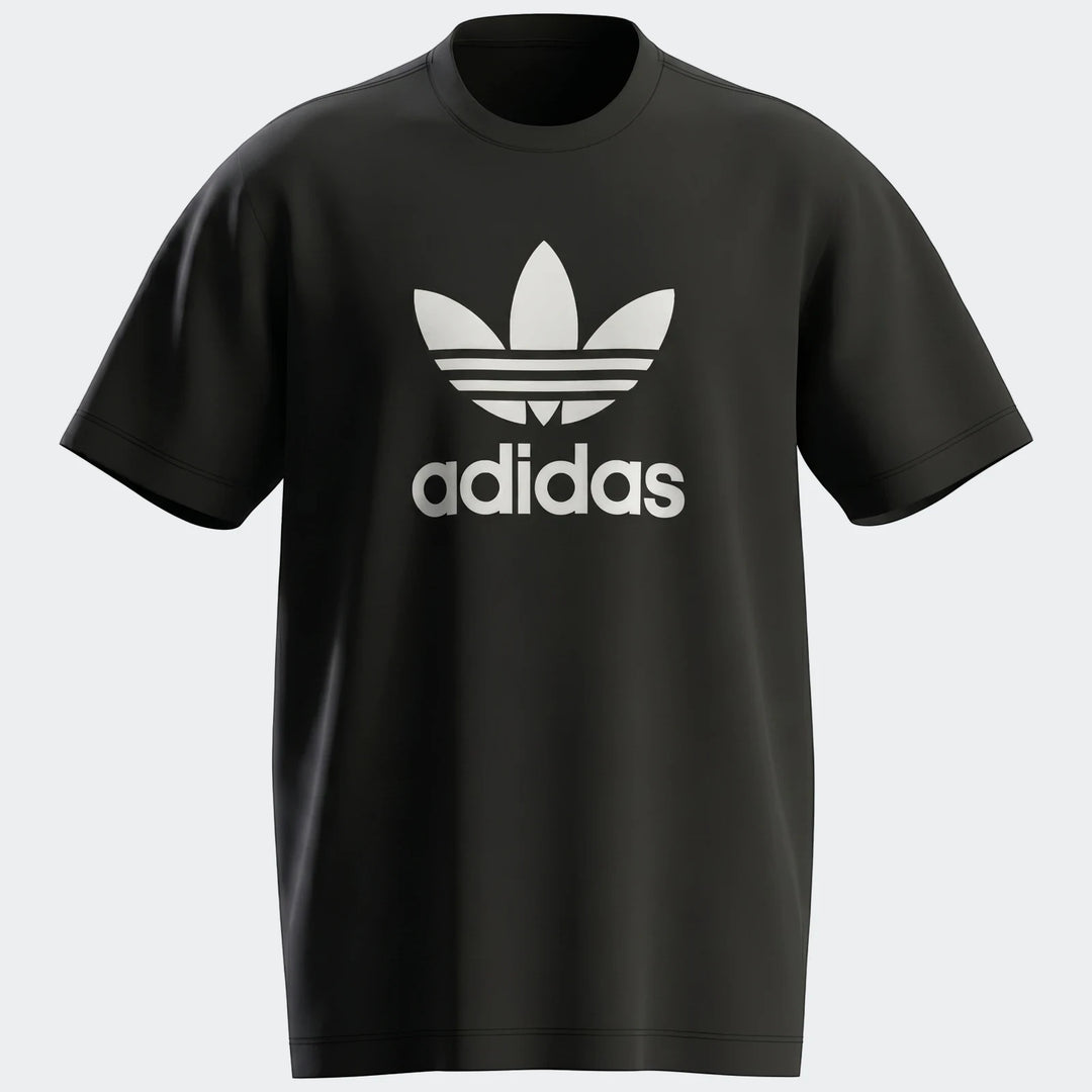 Front view of a black Adidas Trefoil T-Shirt, a classic short-sleeve crewneck tee with the iconic white Trefoil logo on the
