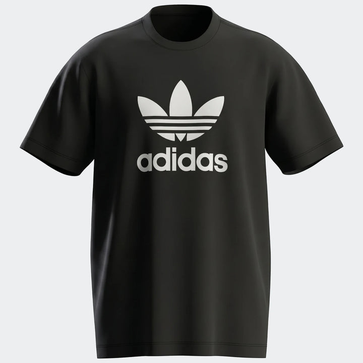 Front view of a black Adidas Trefoil T-Shirt, a classic short-sleeve crewneck tee with the iconic white Trefoil logo on the