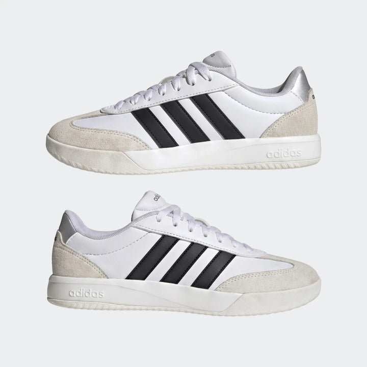 Adidas Vl Court Fc Ft white sneakers with black stripes, cream suede accents, and silver heel tab, shown in a side view.