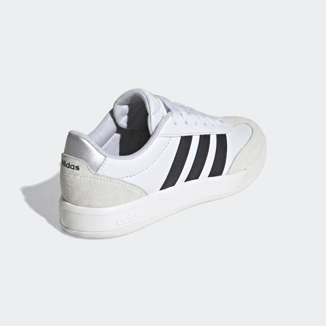Adidas Vl Court Fc Ft White Sneakers with black stripes, silver detail, and beige suede accents, viewed from the side-rear.