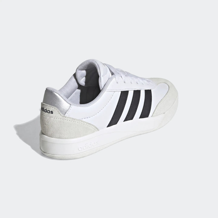 Adidas Vl Court Fc Ft White Sneakers with black stripes, silver detail, and beige suede accents, viewed from the side-rear.