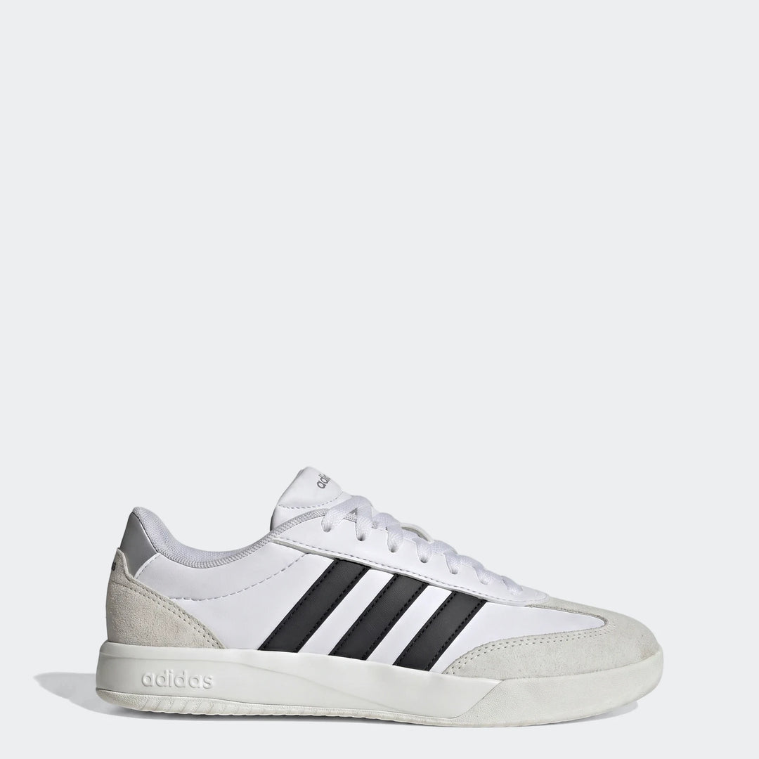 Adidas Vl Court Fc Ft White Sneakers with black stripes, shown from a side view. Classic low-top design with white upper and