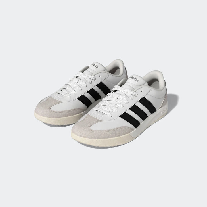Adidas Vl Court Fc Ft White Sneakers with black stripes and grey suede toe detail, presented in a perspective view.