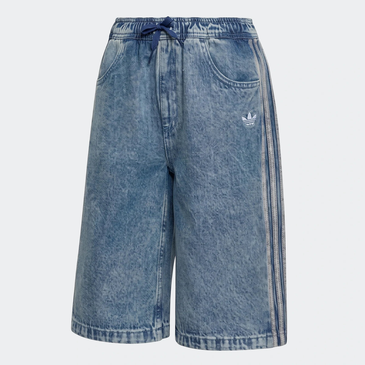 Loose Denim Jorts in an acid wash blue featuring the Adidas trefoil logo and three stripes down the sides.