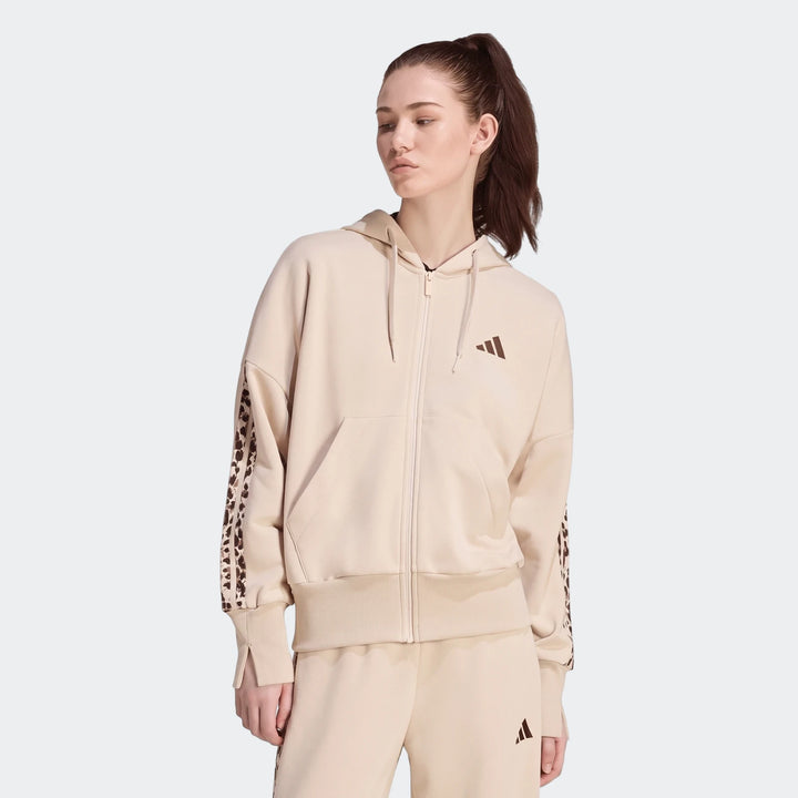 Adidas Women's Seasonal Essentials Animal Print 3-Stripes Full-Zip Hooded Track Top in beige, front view.