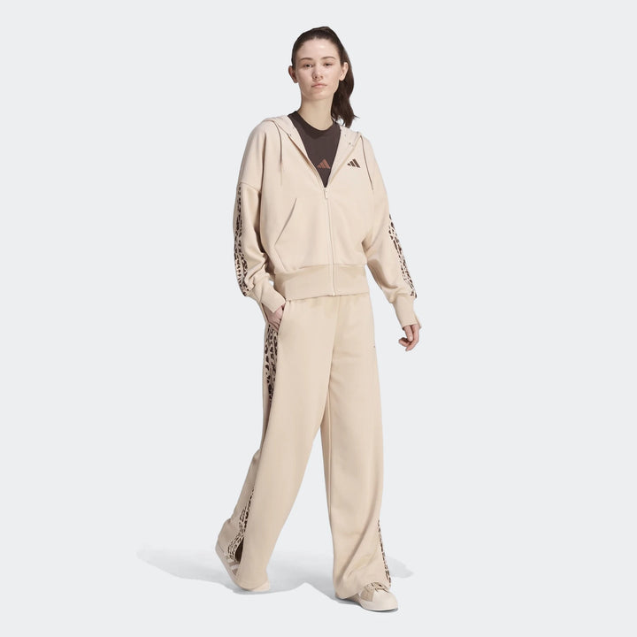 Women's beige Adidas Seasonal Essentials Animal Print 3-Stripes full-zip hooded track top and matching track pants, full