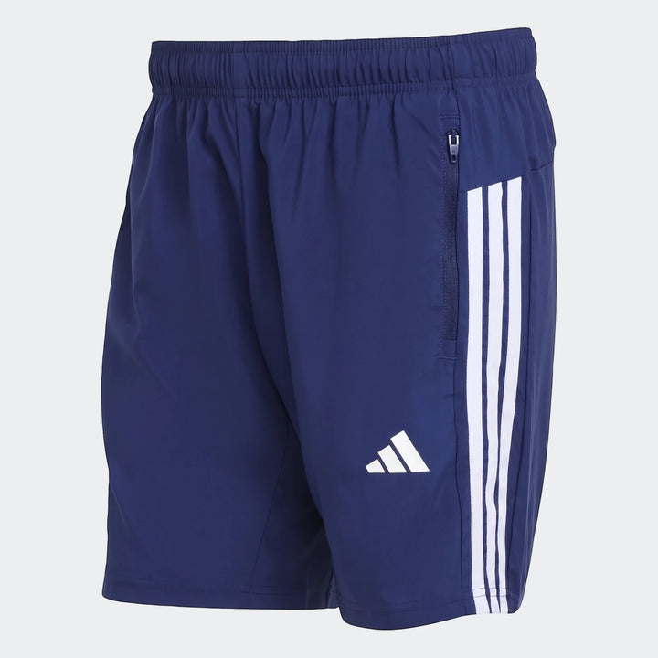 Blue Adidas Workout Essentials Base 3-Stripes Woven Shorts, featuring an elastic waist, zip pocket, and white logo on the