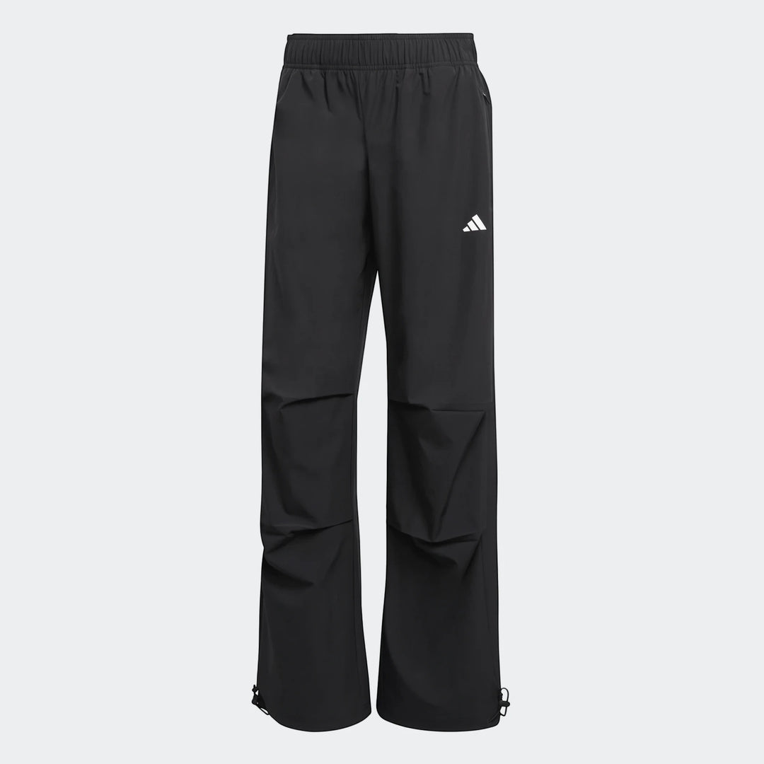Black Adidas Workout Essentials Woven Training Joggers for men, featuring an elastic waistband and adjustable drawstring