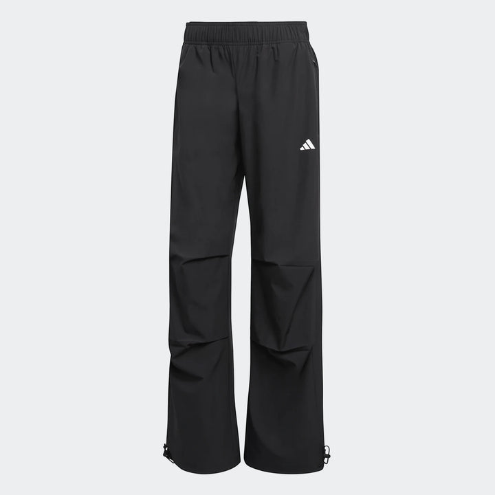 Black Adidas Workout Essentials Woven Training Joggers for men, featuring an elastic waistband and adjustable drawstring
