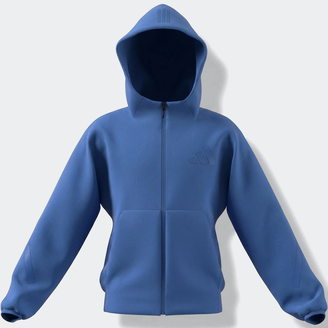 Blue Adidas Youth Z.N.E. Full-Zip Hoodie with front zipper and hood, displayed from a front view.
