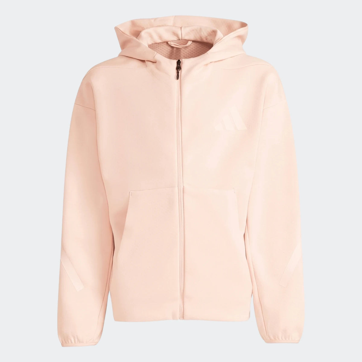 Light pink Adidas Youth Z.N.E. Full-Zip Hoodie with front pockets and hood, featuring a subtle logo on the chest.