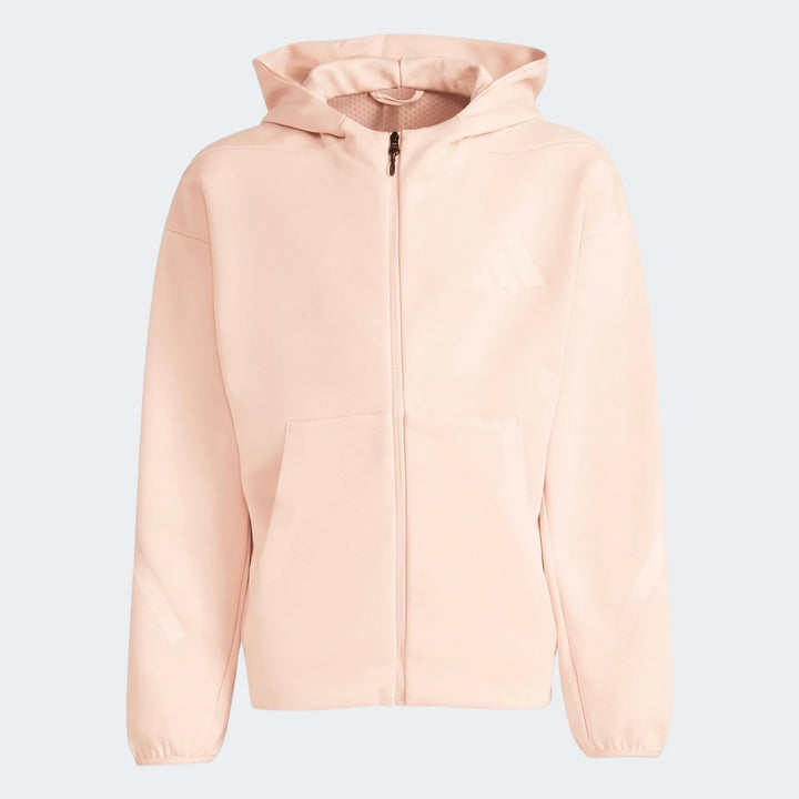 Light pink Adidas Youth Z.N.E. Full-Zip Hoodie with front pockets and hood, featuring a subtle logo on the chest.