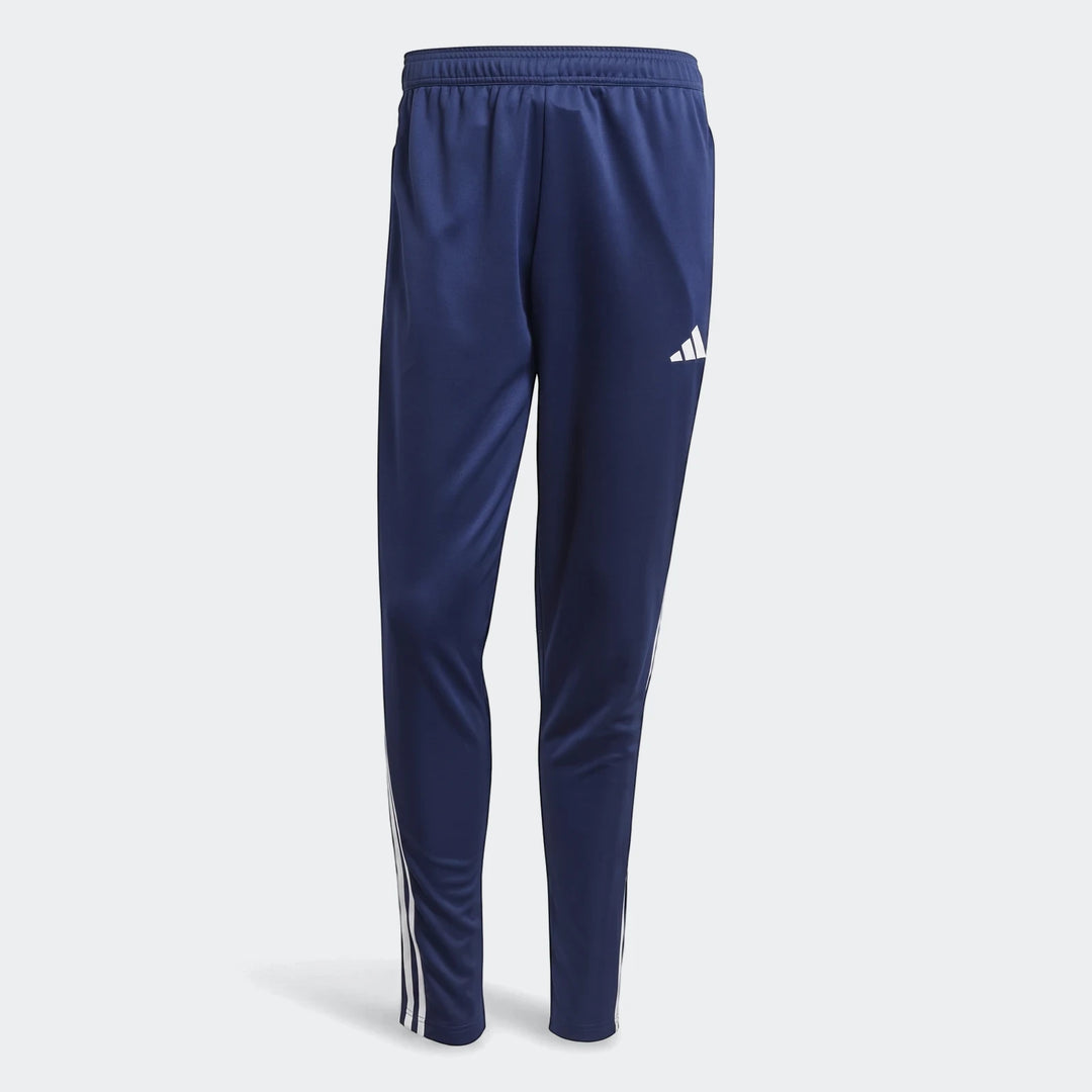 Adidas Z.N.E. navy blue track pants with white three-stripe detailing, shown laid flat for athletic or casual wear.