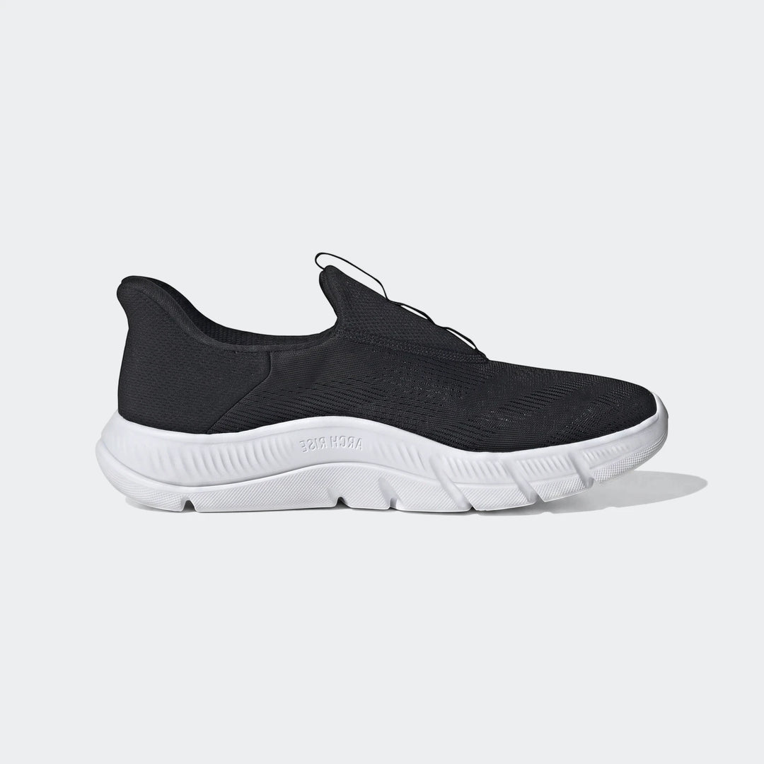 Black adidas Z.N.E. RISE slip-on athletic shoe with a thick white sole, presented in a side profile view.