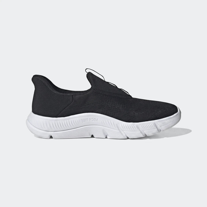 Black adidas Z.N.E. RISE slip-on athletic shoe with a thick white sole, presented in a side profile view.