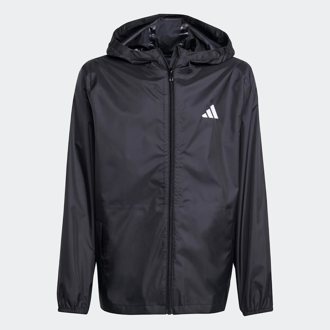 Black Adidas Z.N.E. Track Top with a full-zip front and hood, displayed on a hanger or mannequin.