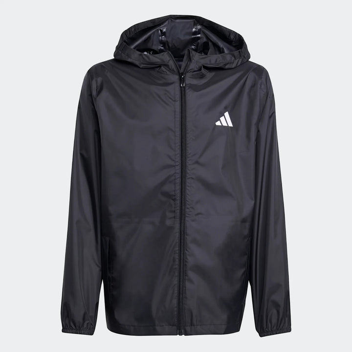 Black Adidas Z.N.E. Track Top with a full-zip front and hood, displayed on a hanger or mannequin.