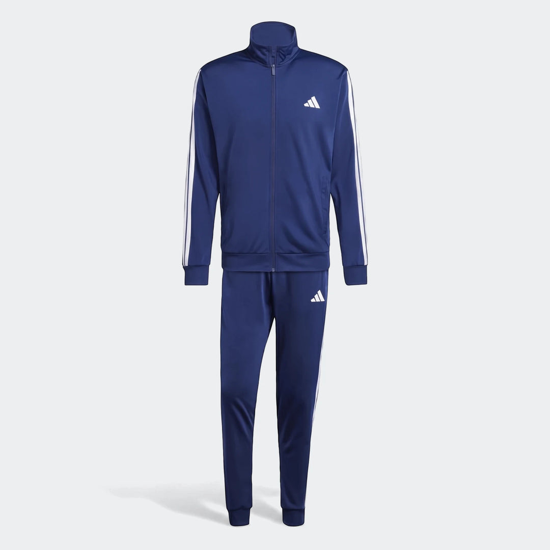 Navy blue Adidas Z.N.E. full-zip track top and matching track pants with white three-stripes design for athletic wear.