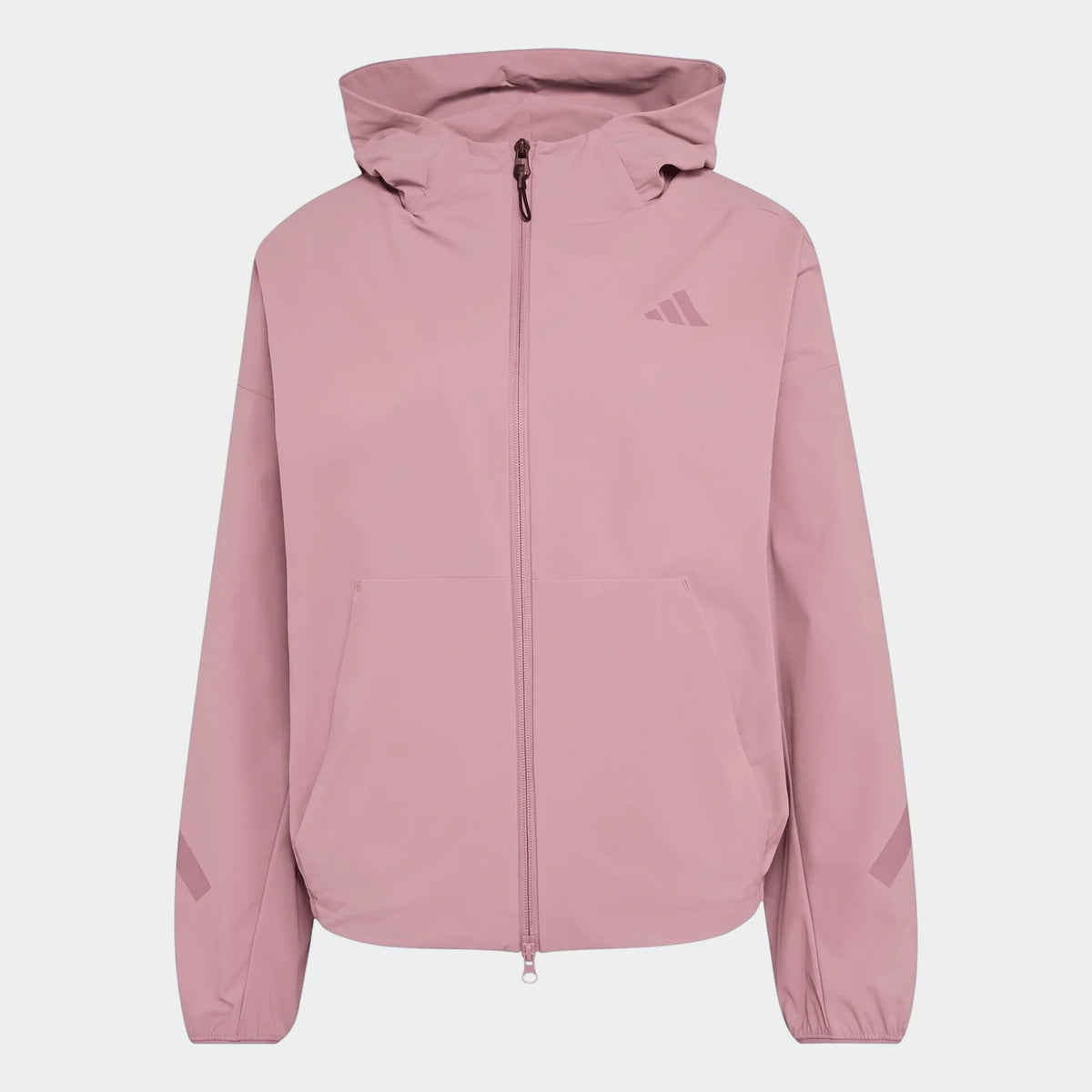 Pink Adidas Z.N.E. Woven Track Top with a hood, full zip, and subtle arm detailing, presented in a front view.