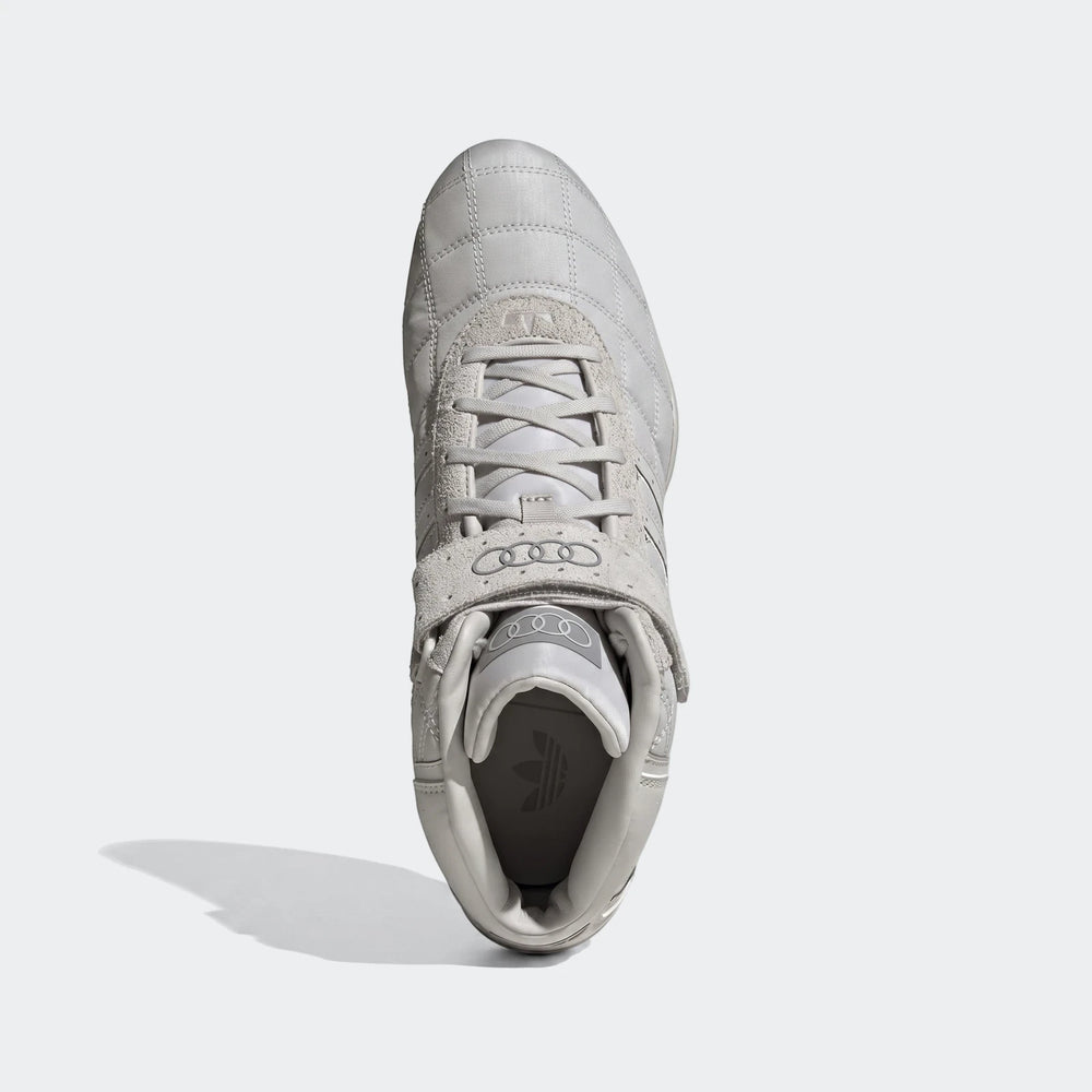 Light gray Adiracer Hi Audi Revolut F1 Team Shoes, high-top, with quilted upper and Audi branding on strap, shown from an