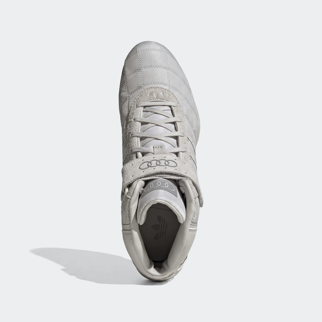 Light gray Adiracer Hi Audi Revolut F1 Team Shoes, high-top, with quilted upper and Audi branding on strap, shown from an