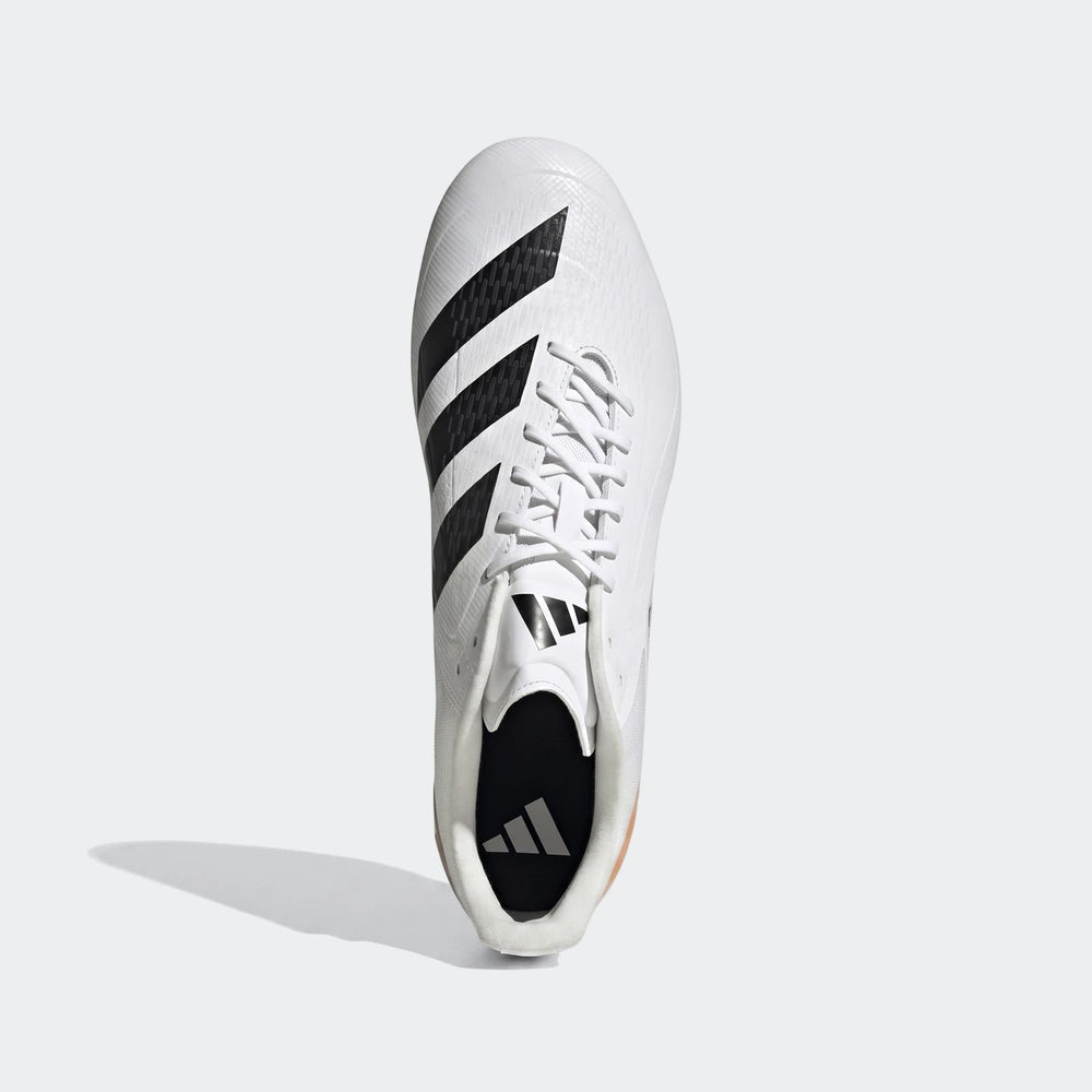 White Adidas Adizero Rs15 Ultimate SG rugby boots, featuring black three stripes, white laces, and a top-down view.