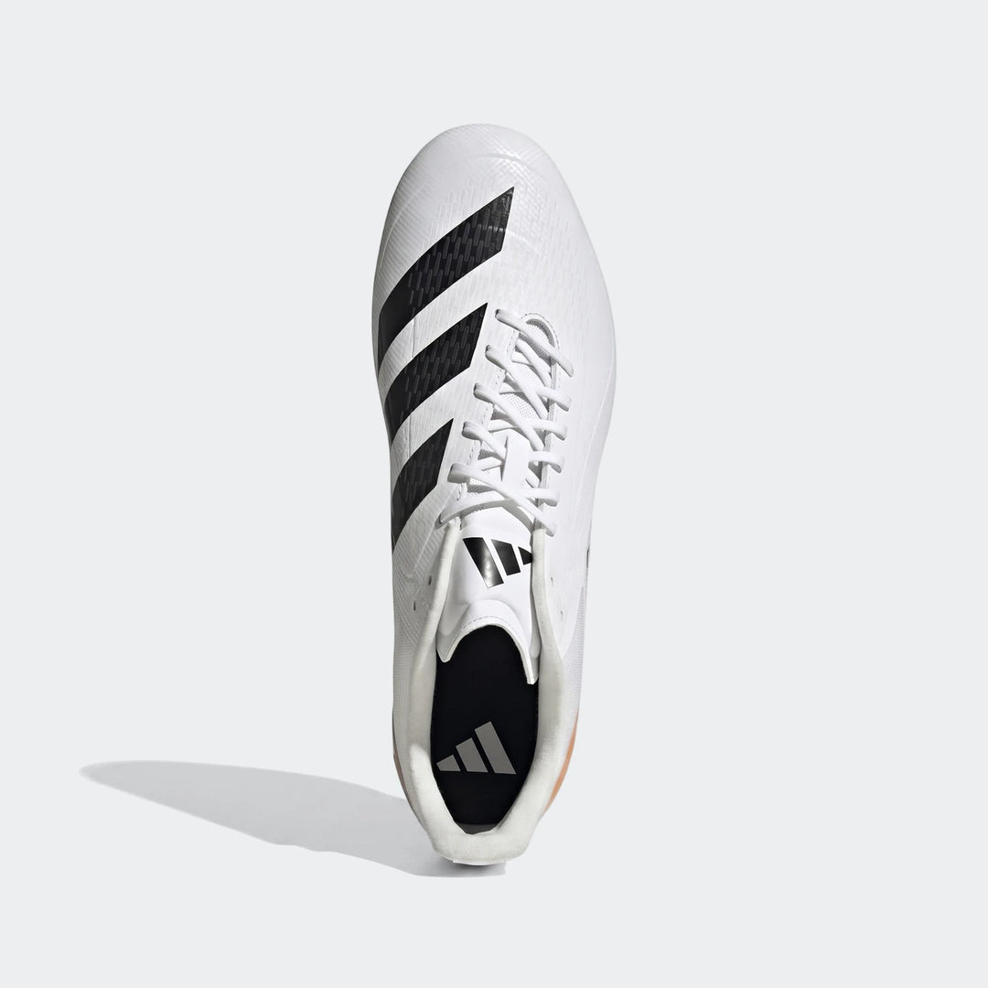 White Adidas Adizero Rs15 Ultimate SG rugby boots, featuring black three stripes, white laces, and a top-down view.