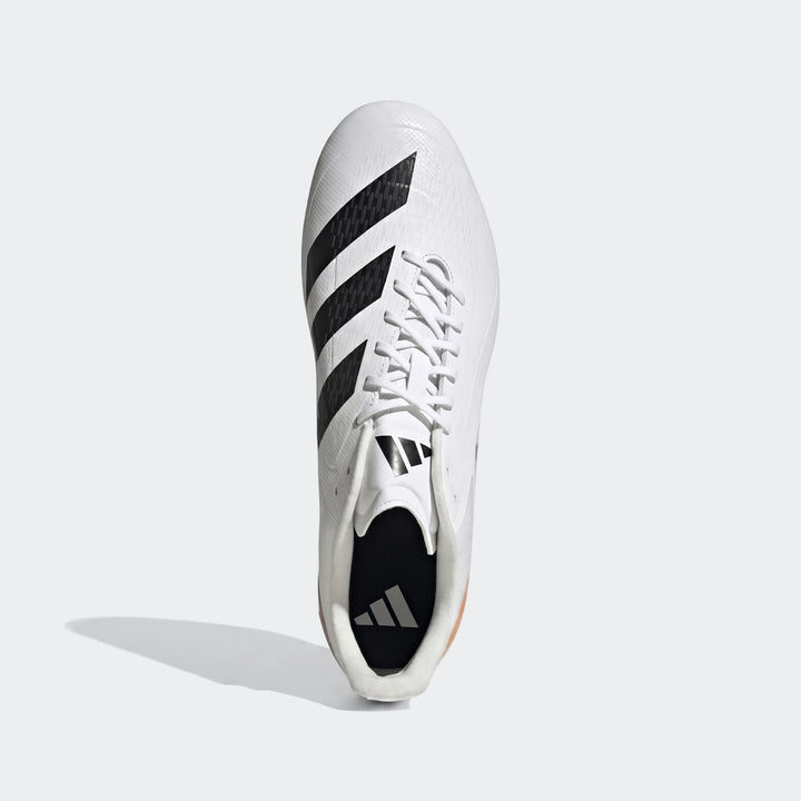 White Adidas Adizero Rs15 Ultimate SG rugby boots, featuring black three stripes, white laces, and a top-down view.