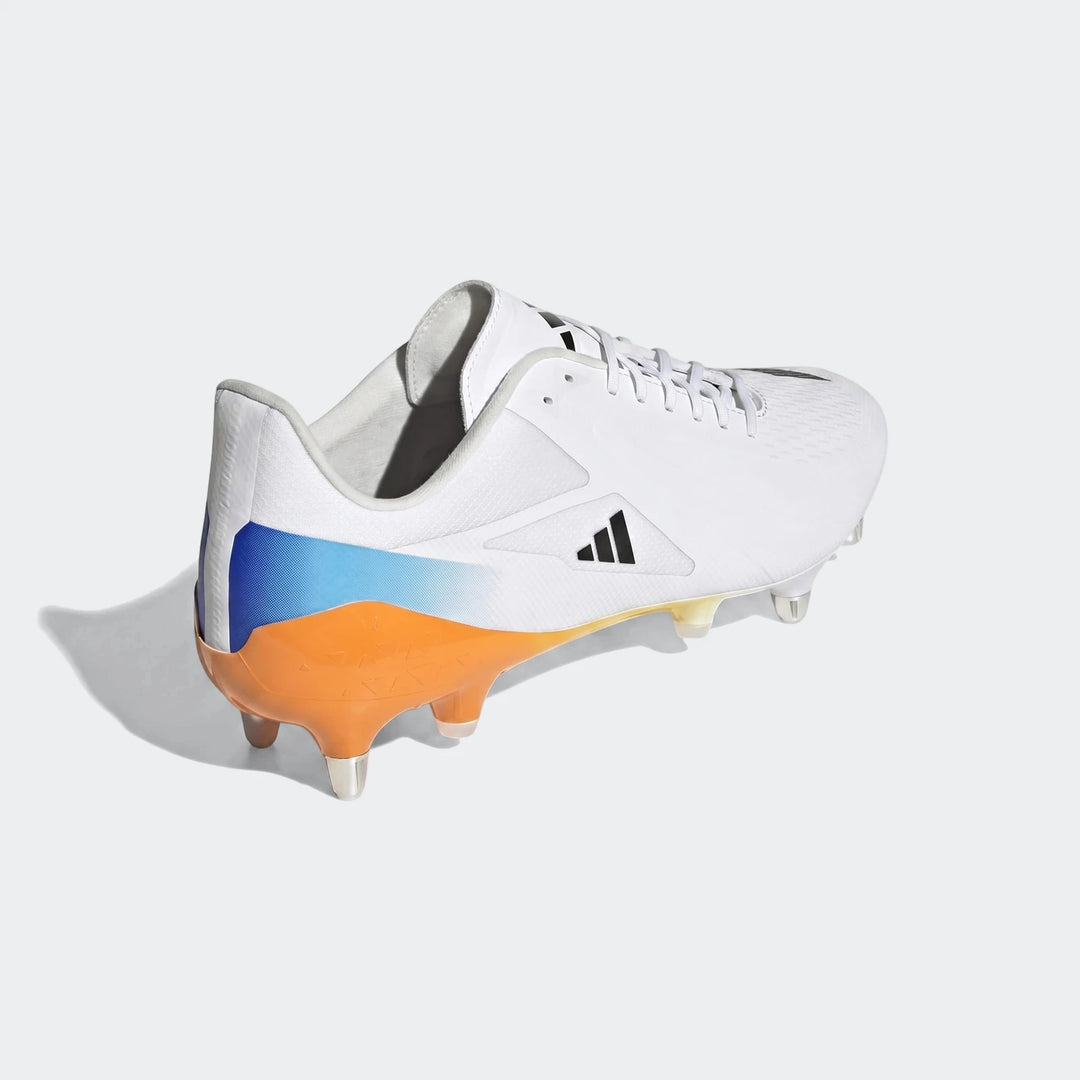 White Adidas Adizero Rs15 Ultimate SG Rugby Boots, featuring blue and orange accents, shown from a side view.
