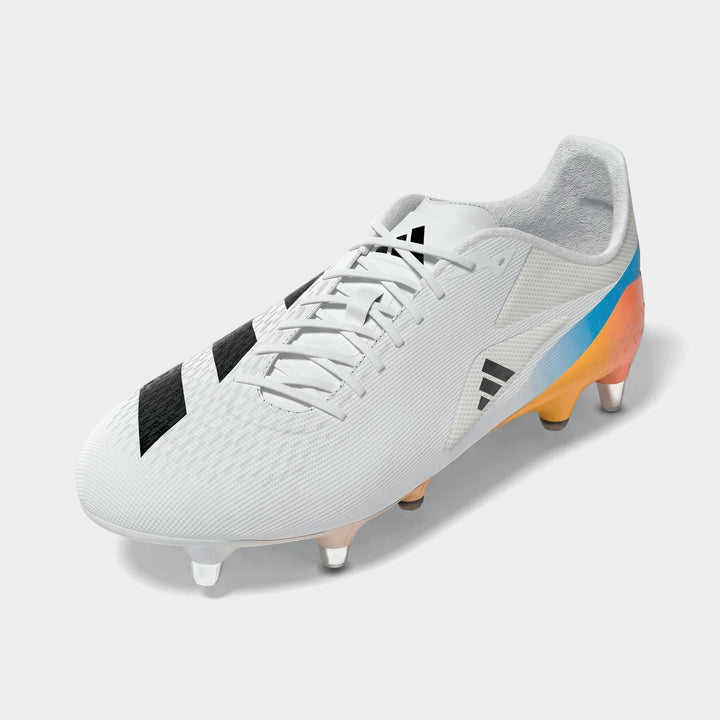 White Adizero Rs15 Ultimate SG Rugby Boots with black stripes and an orange-blue gradient heel detail, angled three-quarter