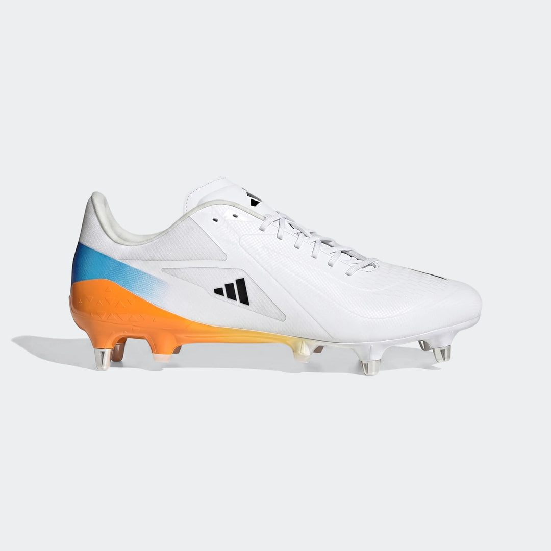 Adizero Rs15 Ultimate Sg Rugby Boots in white, featuring blue and orange accents on the heel, shown from a side view.