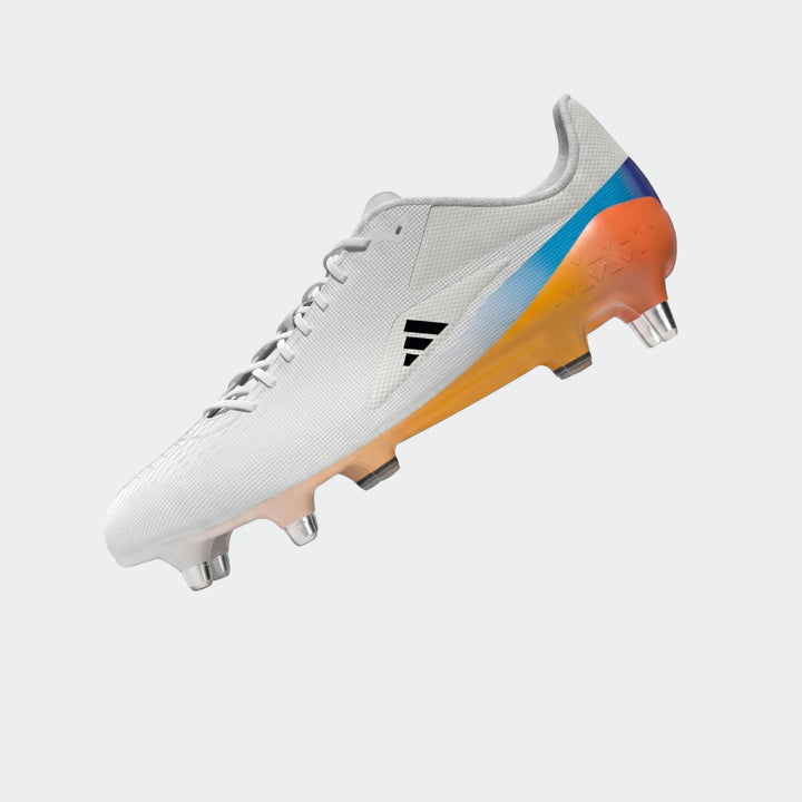 White Adizero Rs15 Ultimate Sg Rugby Boots with orange and blue accents, shown from a side view.