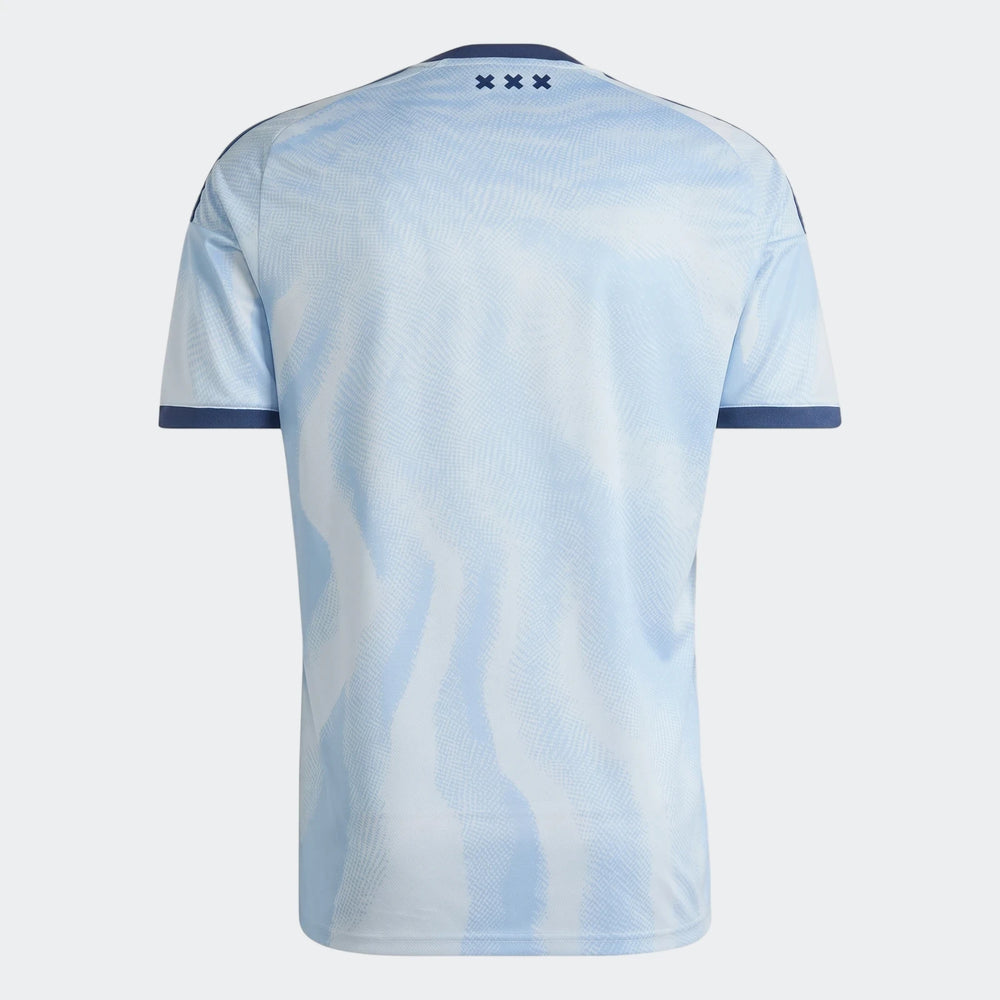Ajax Amsterdam 26/27 Third Jersey, light blue with a white wave pattern, featuring dark blue accents and 'XXX' detail on the