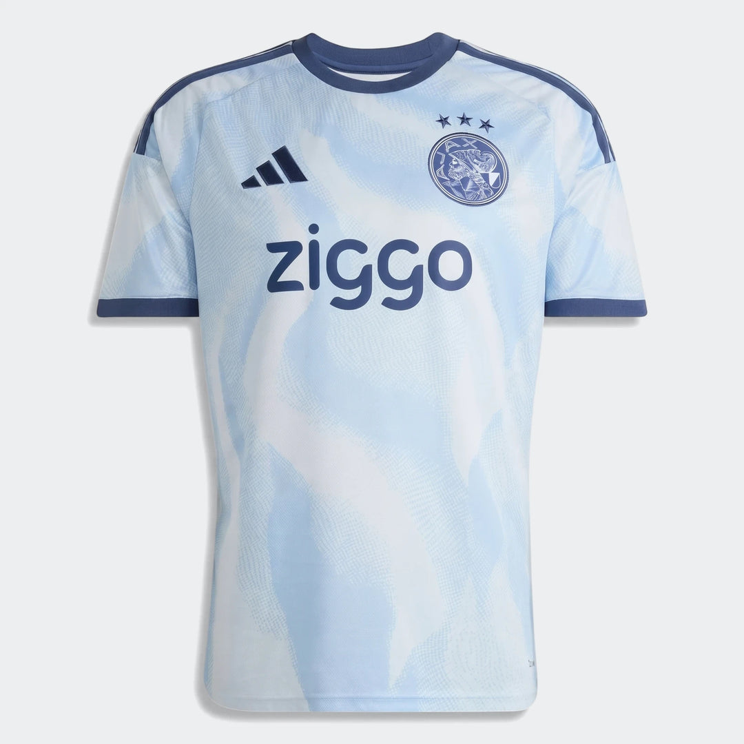 Ajax Amsterdam 26/27 Third Jersey with light blue and white abstract pattern, Adidas logo, club crest, and Ziggo sponsor,