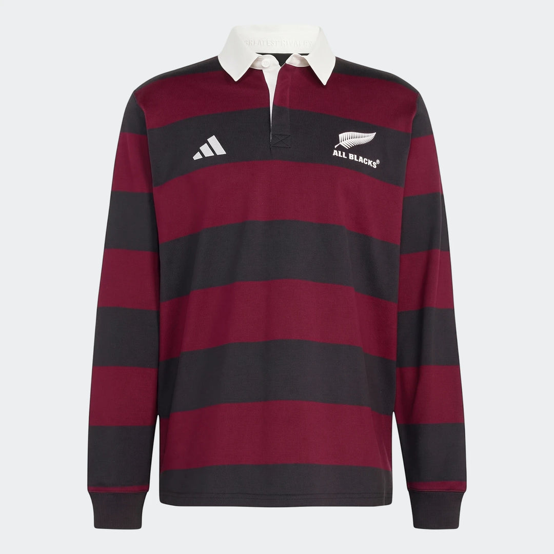 All Blacks Heritage men's long-sleeve rugby polo shirt in maroon and dark gray stripes with white collar and logos.