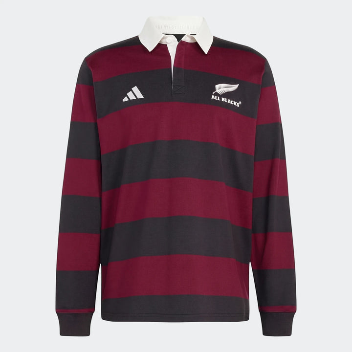 All Blacks Heritage men's long-sleeve rugby polo shirt in maroon and dark gray stripes with white collar and logos.