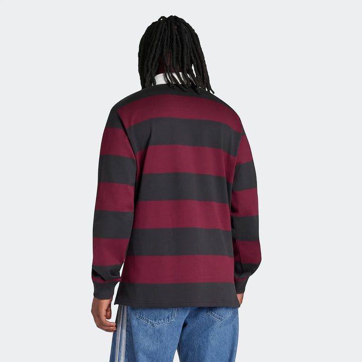 Men's All Blacks Heritage Polo with black and maroon horizontal stripes, long sleeves, and a white collar, shown from the