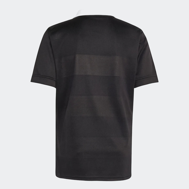 All Blacks Home Jersey, black short-sleeved polo shirt with a white collar, shown from the back.