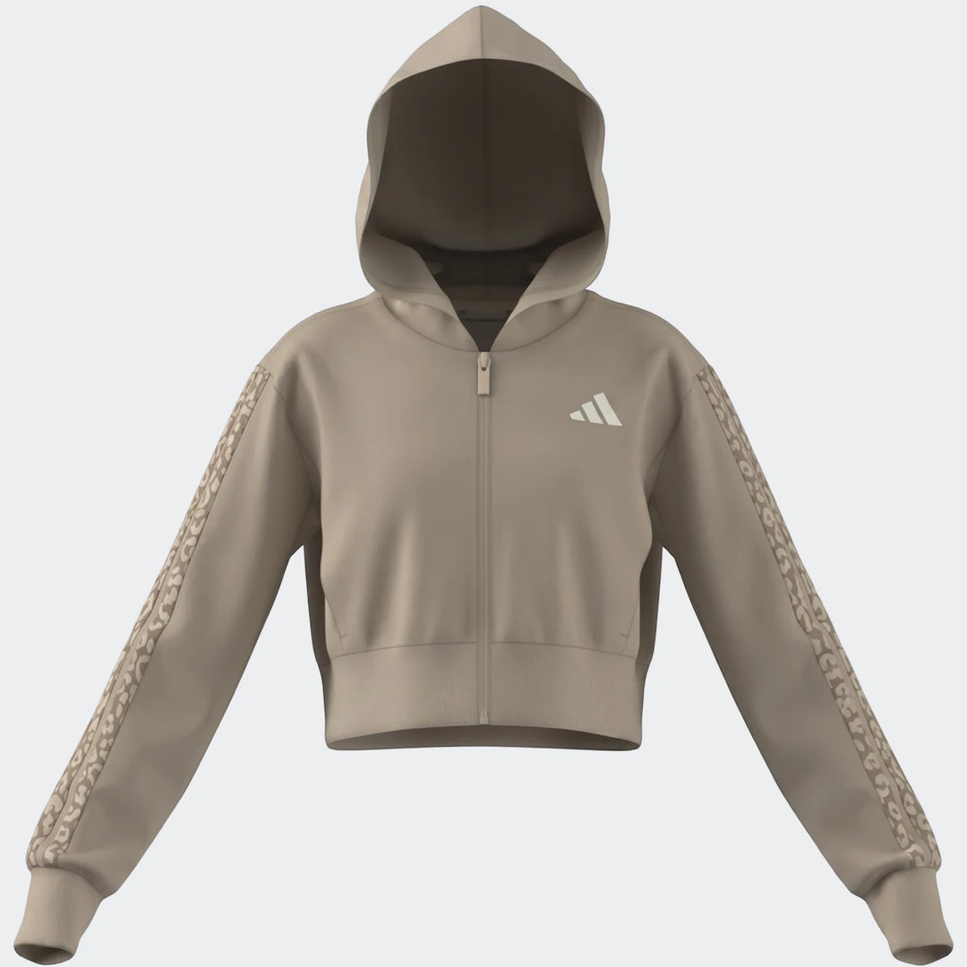 Angled 3-Stripes French Terry Full-Zip Hoodie in beige, featuring a full zipper and patterned stripes on the sleeves. Front