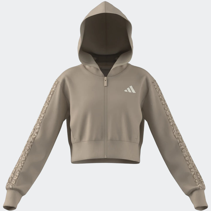 Angled 3-Stripes French Terry Full-Zip Hoodie in beige, featuring a full zipper and patterned stripes on the sleeves. Front