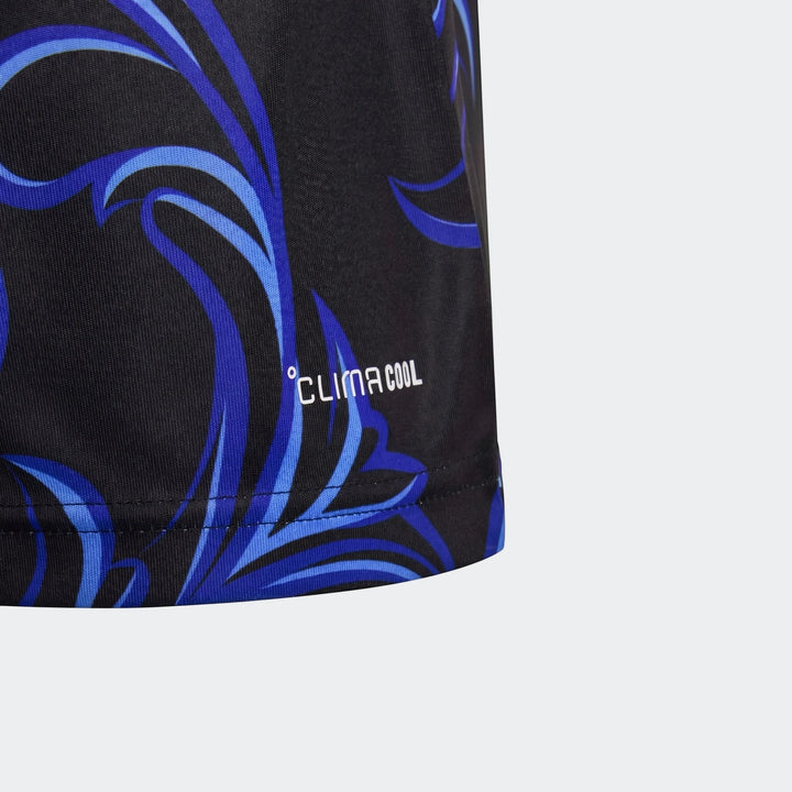Close-up of the Argentina 25/26 Away Youth Jersey, showing black fabric with a blue abstract pattern and the white 'CLIMA