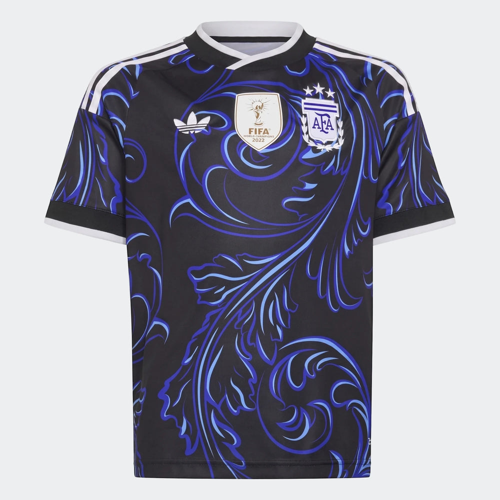Argentina 25/26 Away Jersey for youth, black with intricate blue swirl pattern, white Adidas logo and stripes, shown in a