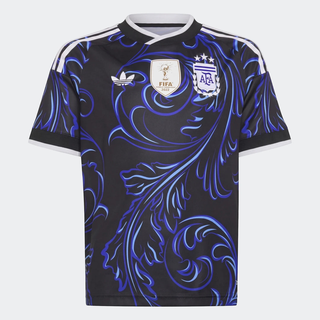 Argentina 25/26 Away Jersey for youth, black with intricate blue swirl pattern, white Adidas logo and stripes, shown in a