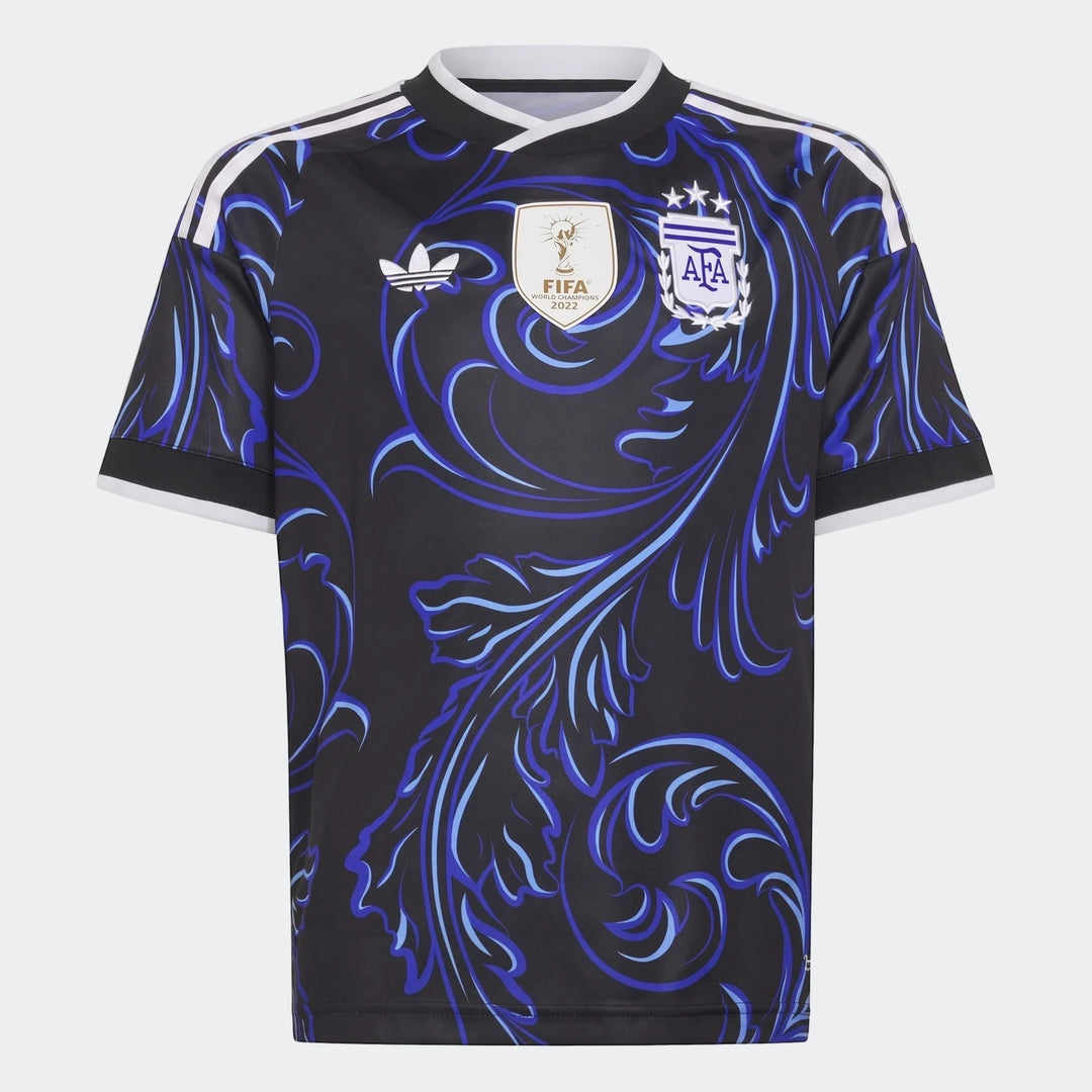 Black and blue ornate patterned Argentina 25/26 Away Jersey Youth with Adidas, FIFA, and AFA emblems, flat lay.