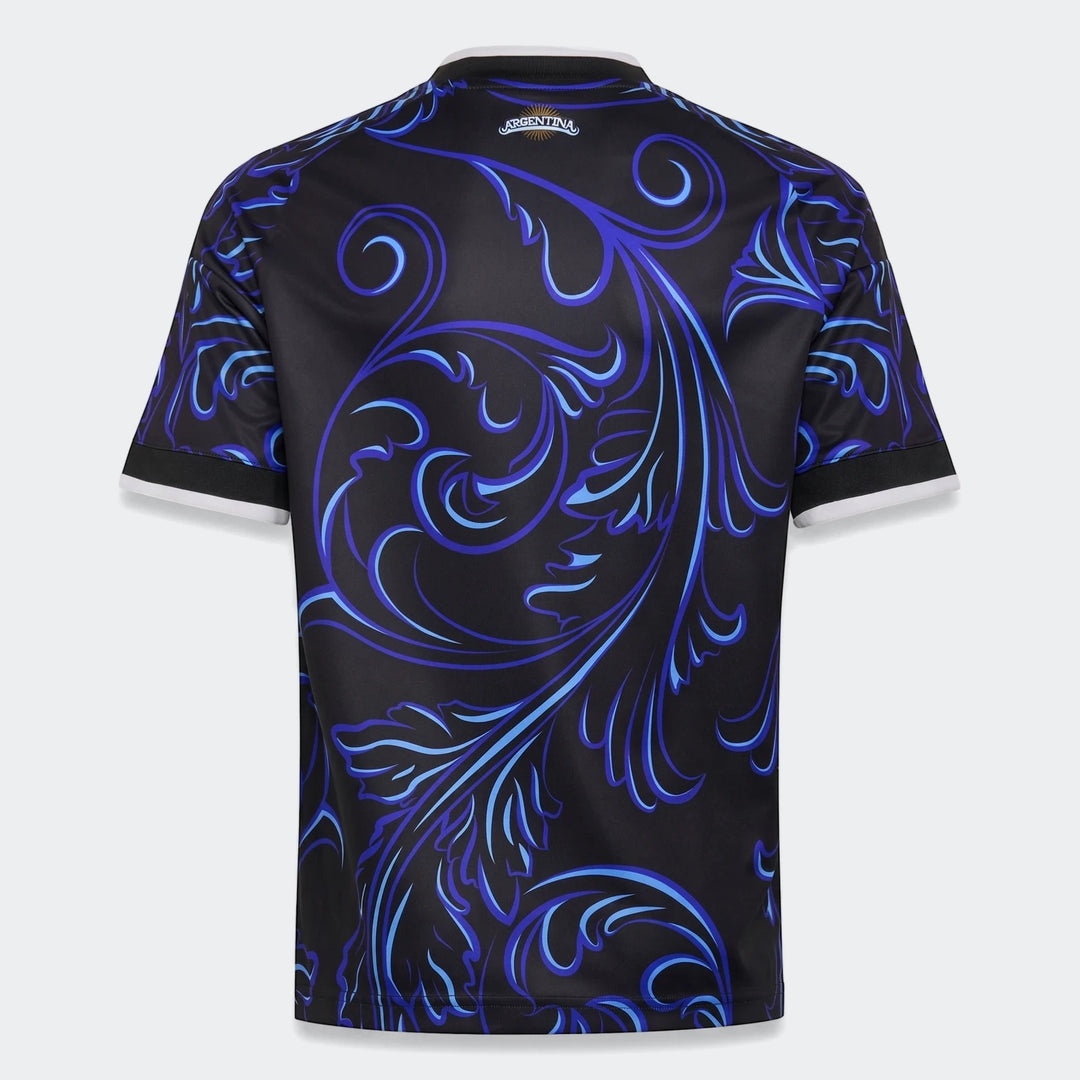 Argentina 25/26 Away Jersey for youth, black with vibrant blue swirl patterns, shown from the back.