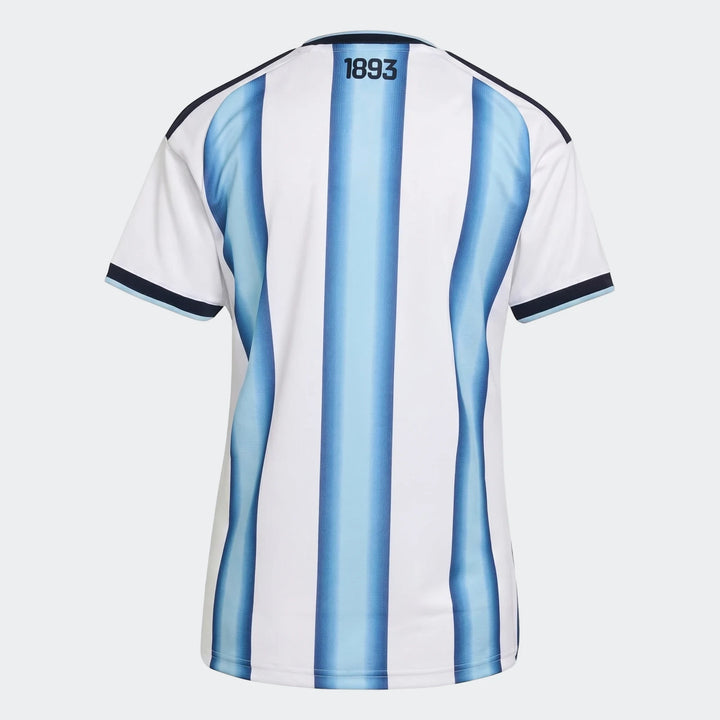 Back view of the Argentina 26 Home Jersey, featuring white with light blue and dark blue vertical stripes and '1893' on the