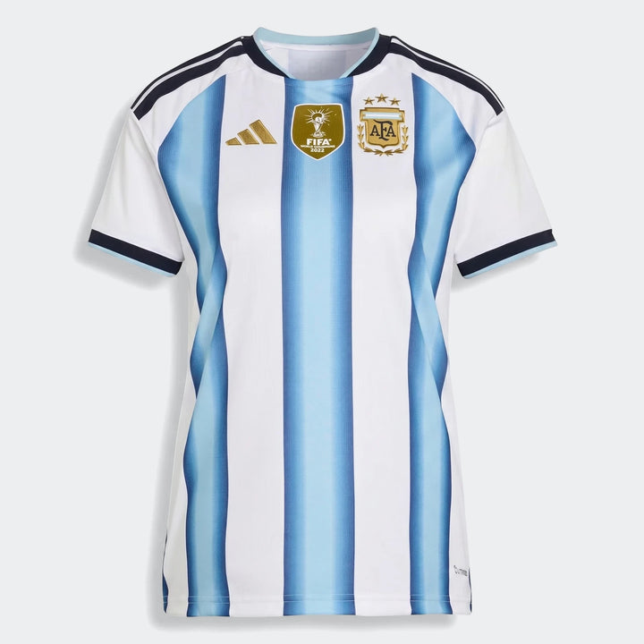 Argentina 26 Home Jersey, white and light blue stripes, front view, with FIFA World Champions 2022 badge.