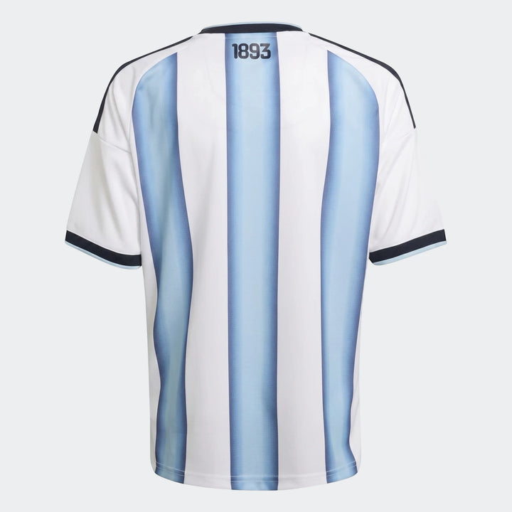 Argentina 26 Home Kids Jersey, back view, featuring white and light blue vertical stripes with black trim.