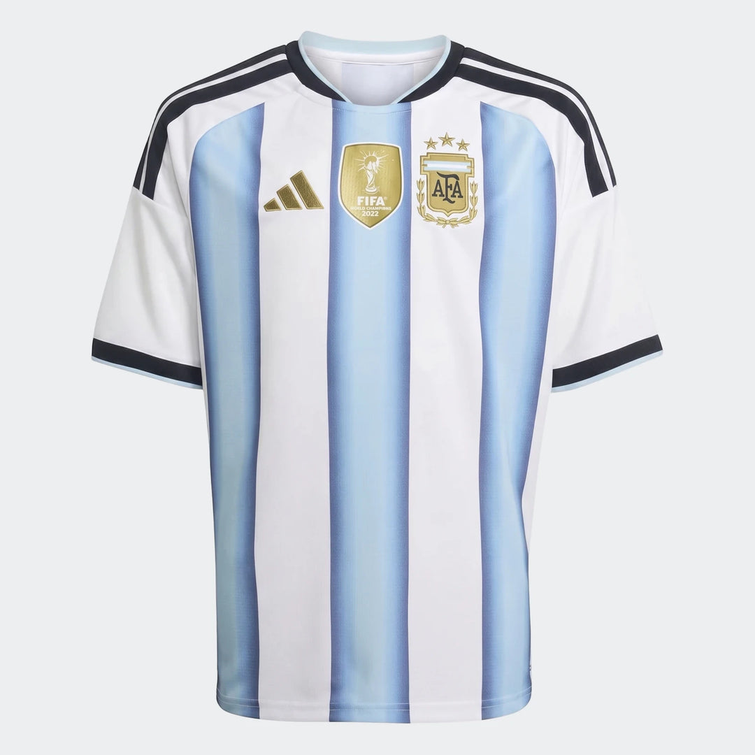 Argentina 26 Home Kids Jersey with white and light blue stripes, featuring the Adidas logo, FIFA World Champions 2022 patch,